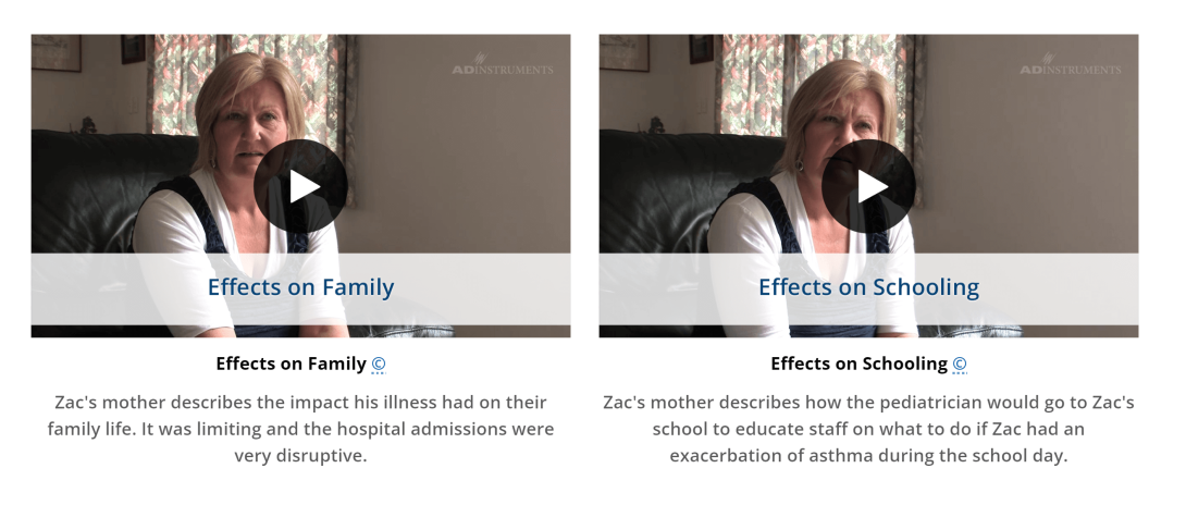 A screenshot of the Lt interface showing two videos of Zac's mother discussing how pediatric asthma has impacted their lives.