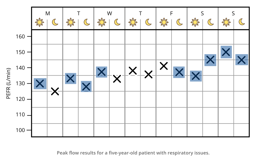 A screenshot of the Lt interface showing an illustration of a chart showing peak flow results for a five-year-old patient with respiratory issues.