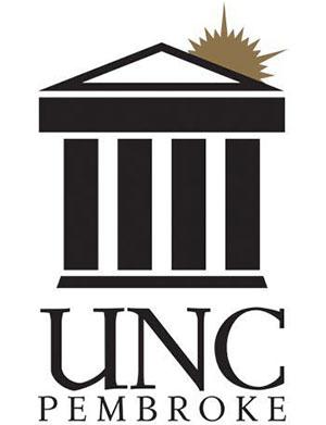UNC Pembroke logo showing a Grecian building with columns and a sun rising behind the roof on the left side.