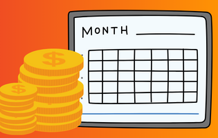 An illustrated stack of coins beside an illustrated calendar against an orange background.