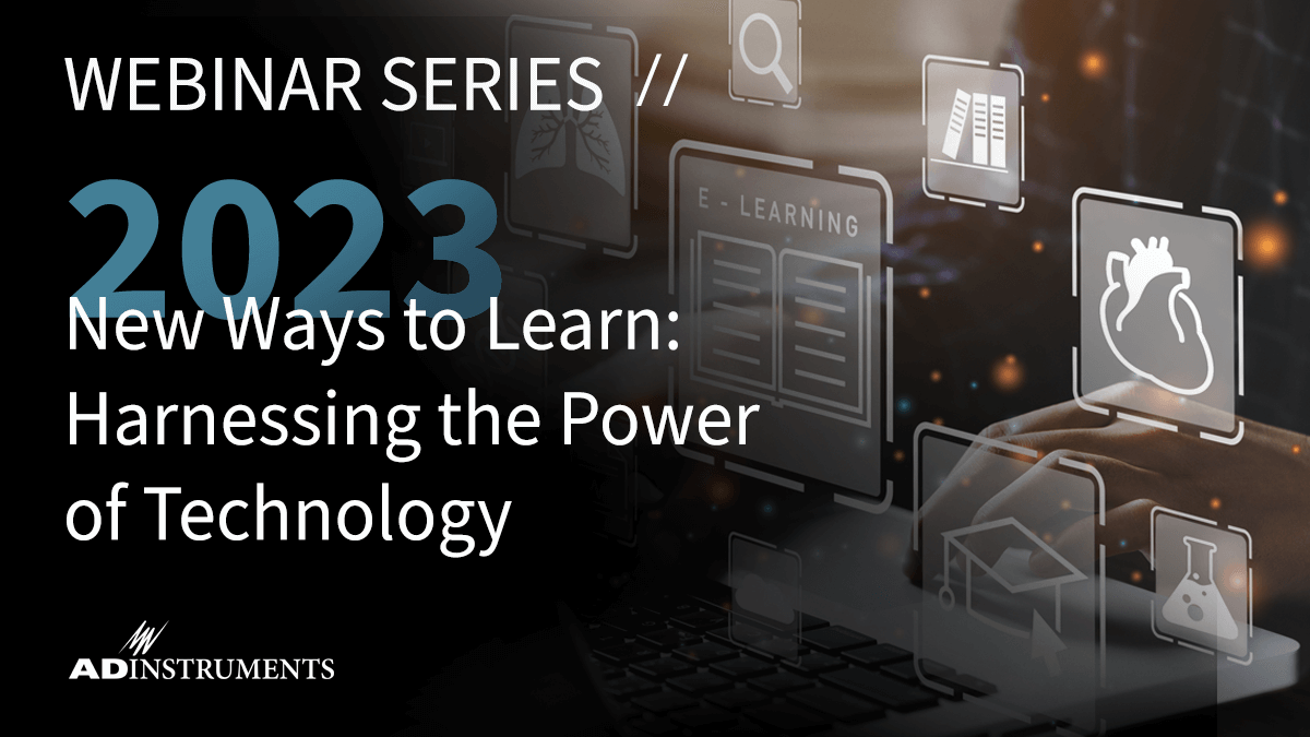 An illustrated banner for the webinar series. There is a black background with an image of a laptop being used. Above the laptop floats a series of white stylized icons (an open book with the word 'E-LEARNING', an anatomical human heart, a magnifying glass, a glass flask containing fluid, three books standing upright as if on a shelf, and a graduation cap.