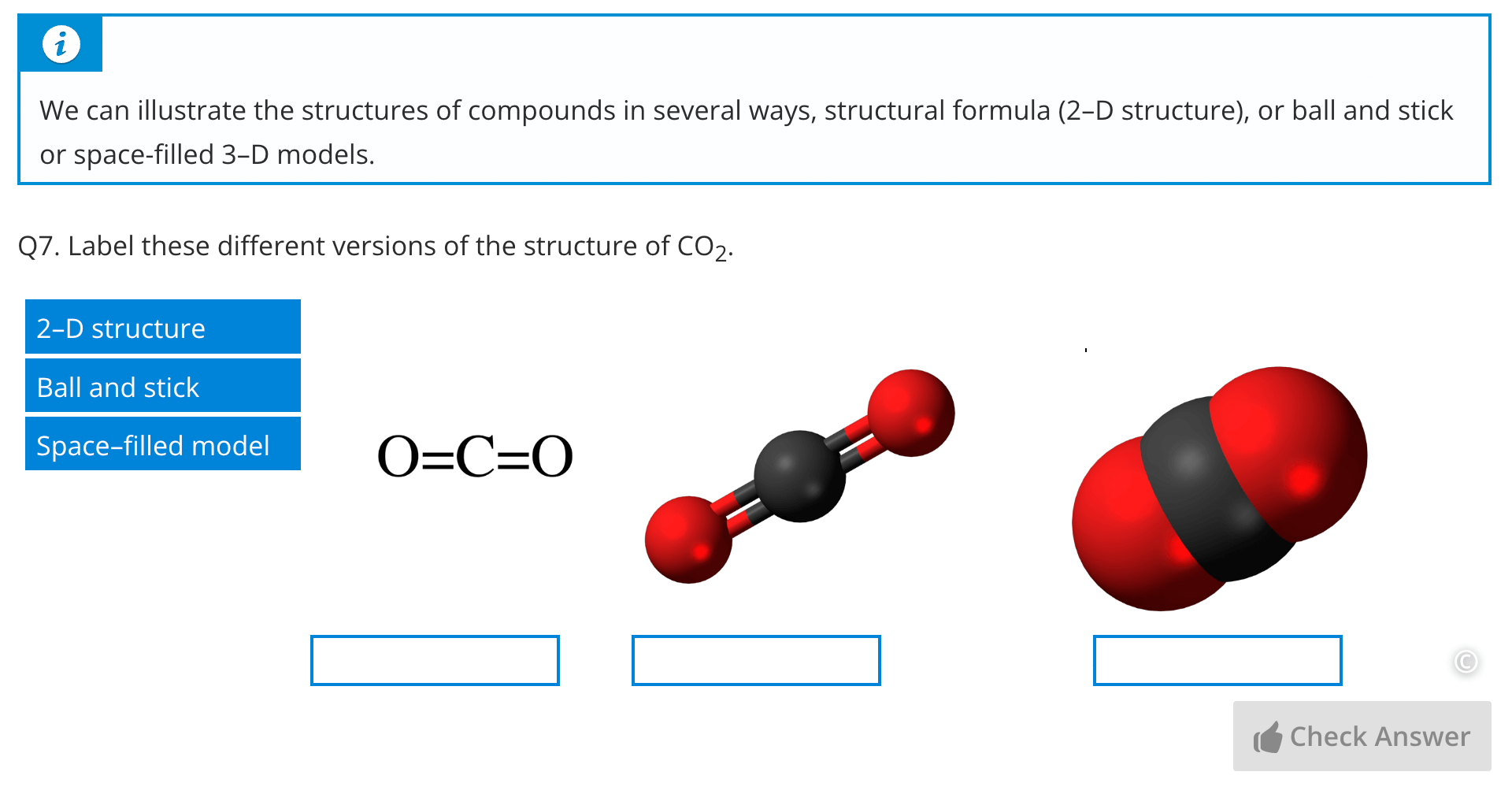A labeling question in Lt on various structures of carbon dioxide (CO2).