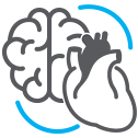 A heart icon situated below a brain icon