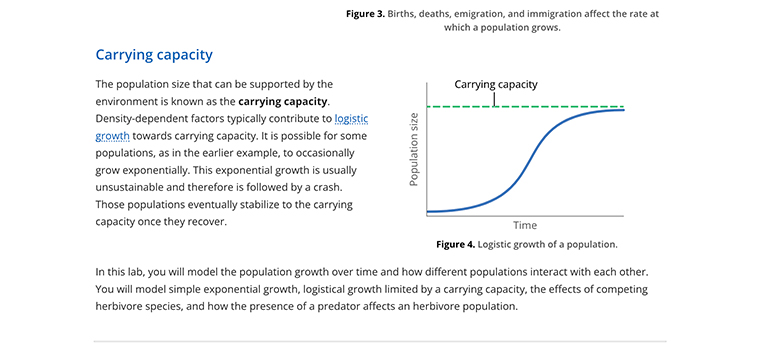 Text and a graph illustrating the concept of carrying capacity (the population size that can be supported by the environment).