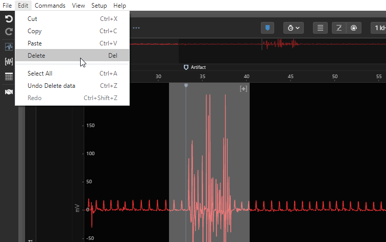 The delete function can be found under the edit menu in LabChart Lightning.