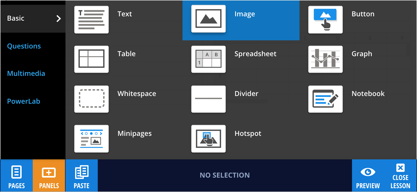 Adding an Image panel from the Panels menu