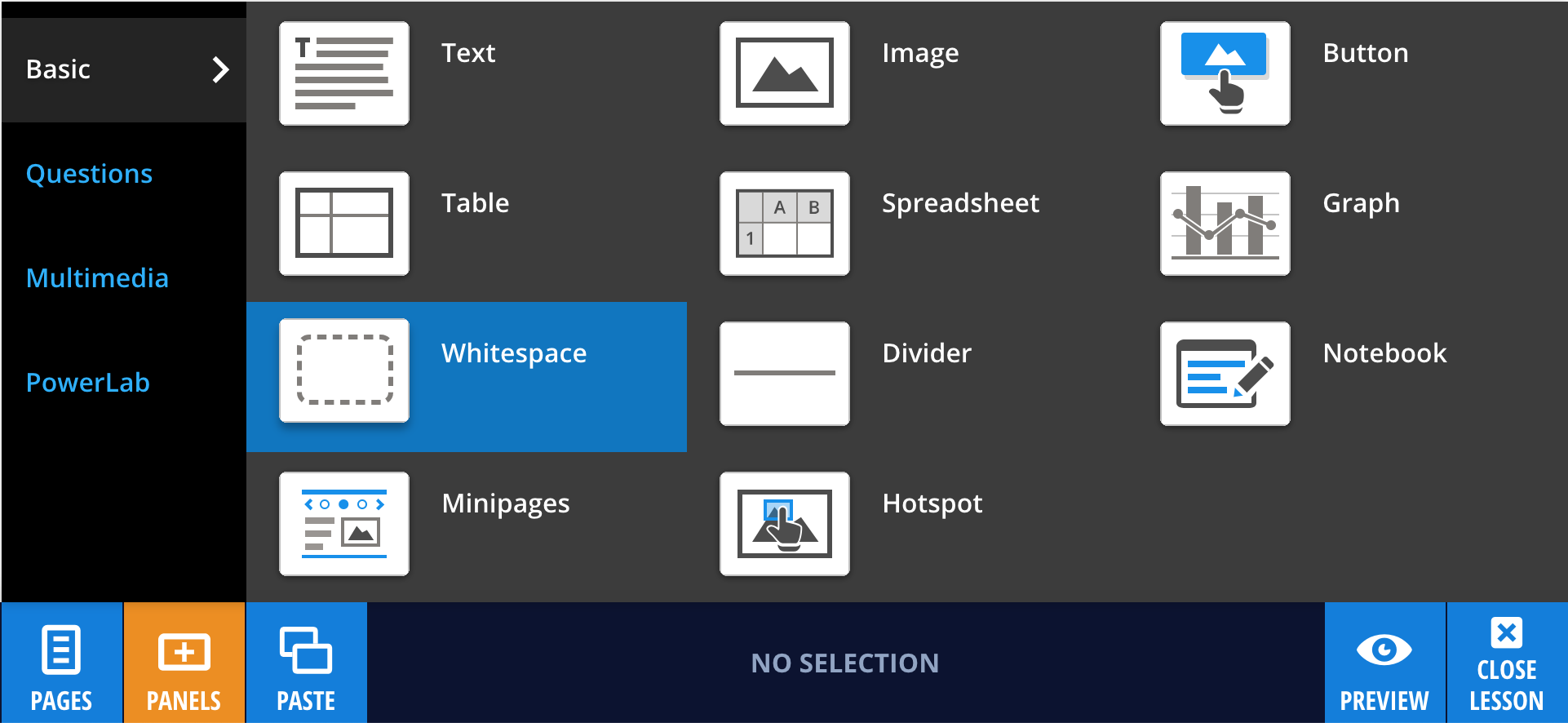 Adding a Whitespace panel from the Panels menu