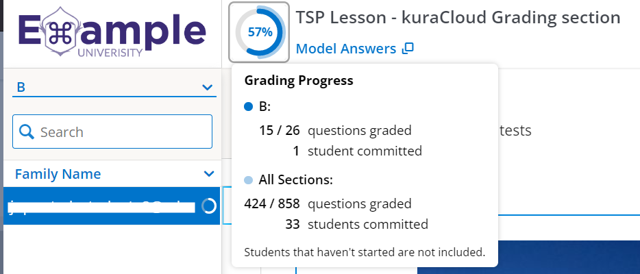 A screenshot shows the grading interface. The name of the lab sits at the top of the screen. To the left of the lab name, there is the outline of a circle. The line that forms the circle is partly blue, with the remainder being gray. Inside the circle there is text saying "57%". The circle is selected, and there is a drop-down menu shown that is titled "Grading Progress". The drop-down menu shows the number of questions graded, and the number of students who have committed work, for the current section being graded and all sections. There is text at the bottom of the menu that says, "Students that haven't started are not included.".