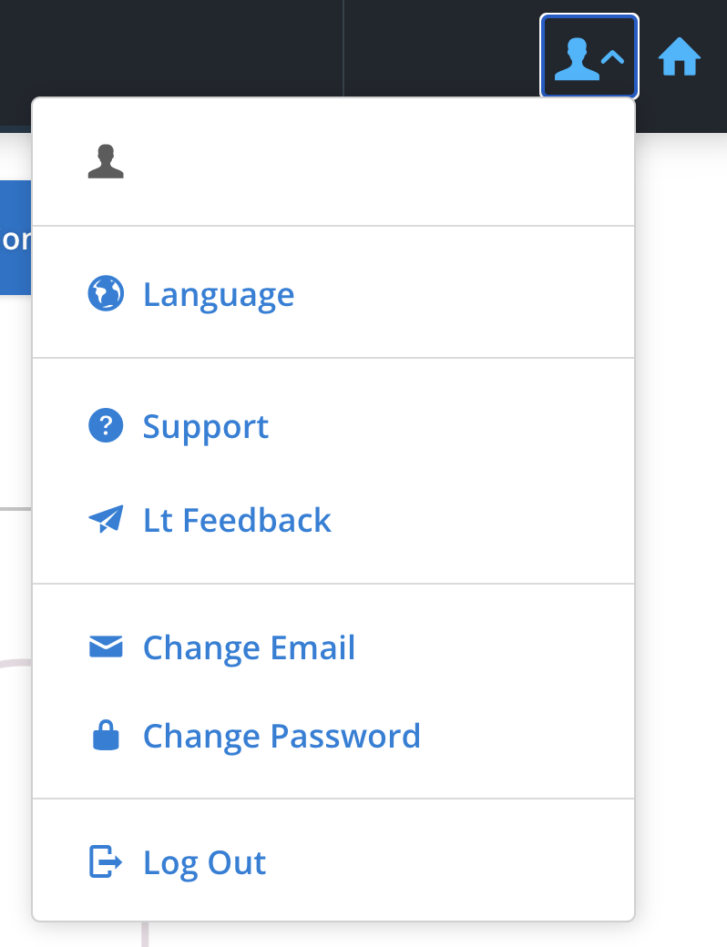 A screenshot showing the drop-down Account Menu at the top right of the Lt student interface in an Lt lesson. Students will need to select the option called "Language".