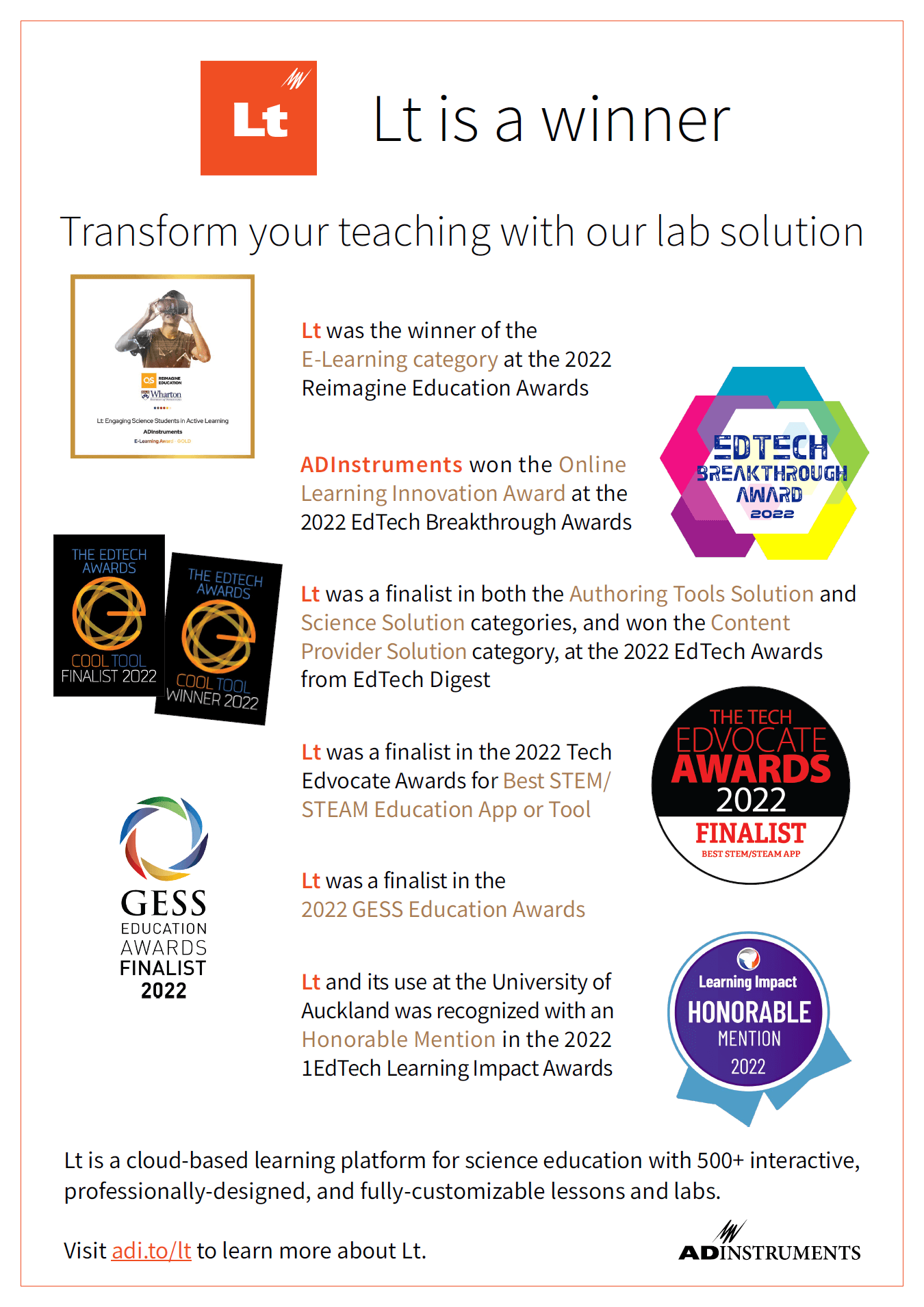 An infographic entitled "Lt is a winner" with the subheading "Transform your teaching with our lab solution". Below, there are the badges of the various award programmes which have recognized Lt, and a basic description of Lt.
