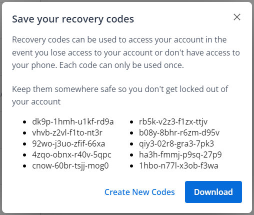 Example of recovery codes used as alternative MFA