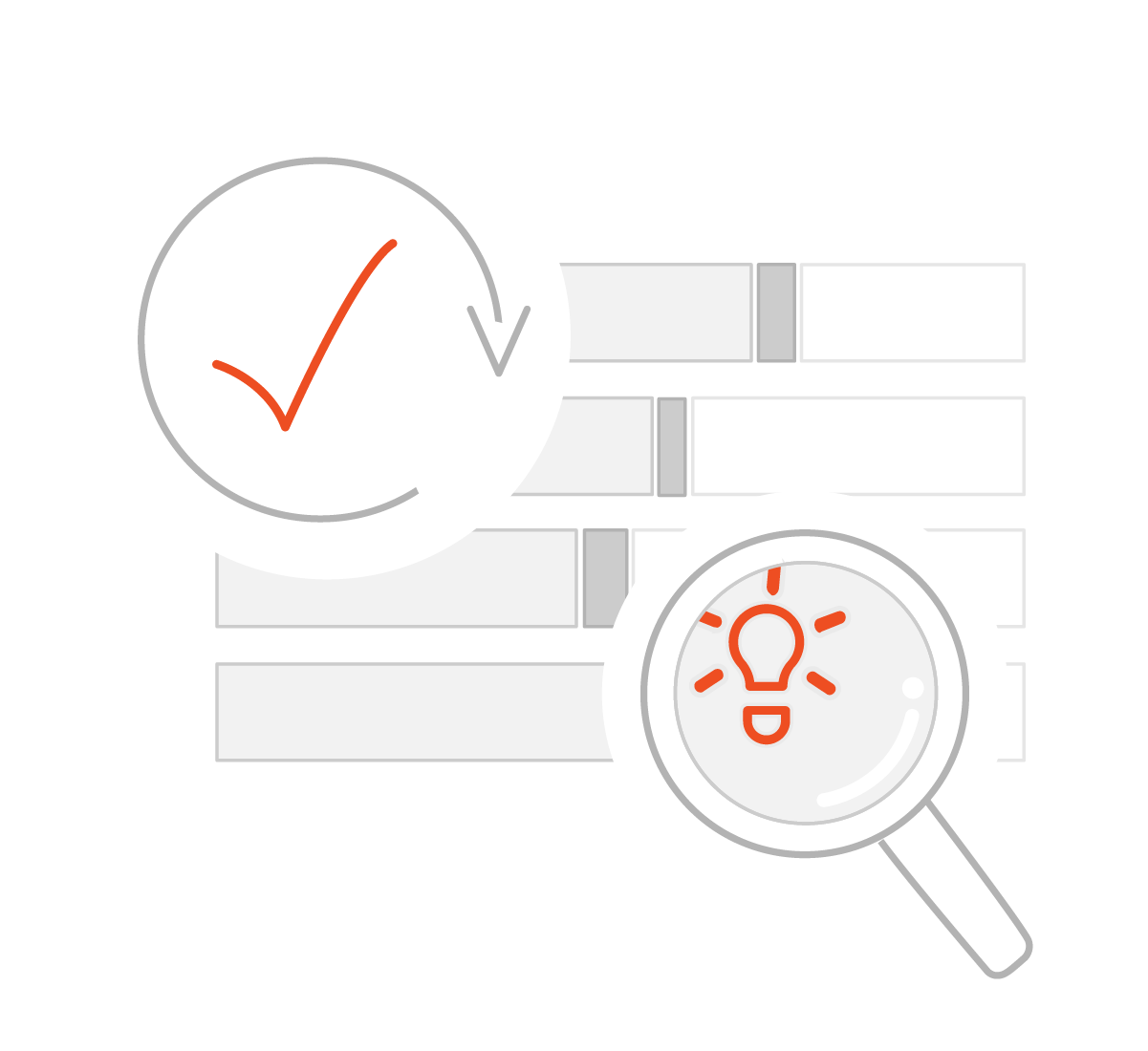 A vector image showing progress bars, a check mark, and a light bulb underneath a magnifying glass.