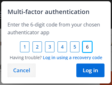 Example of entering a MFA code for authentication