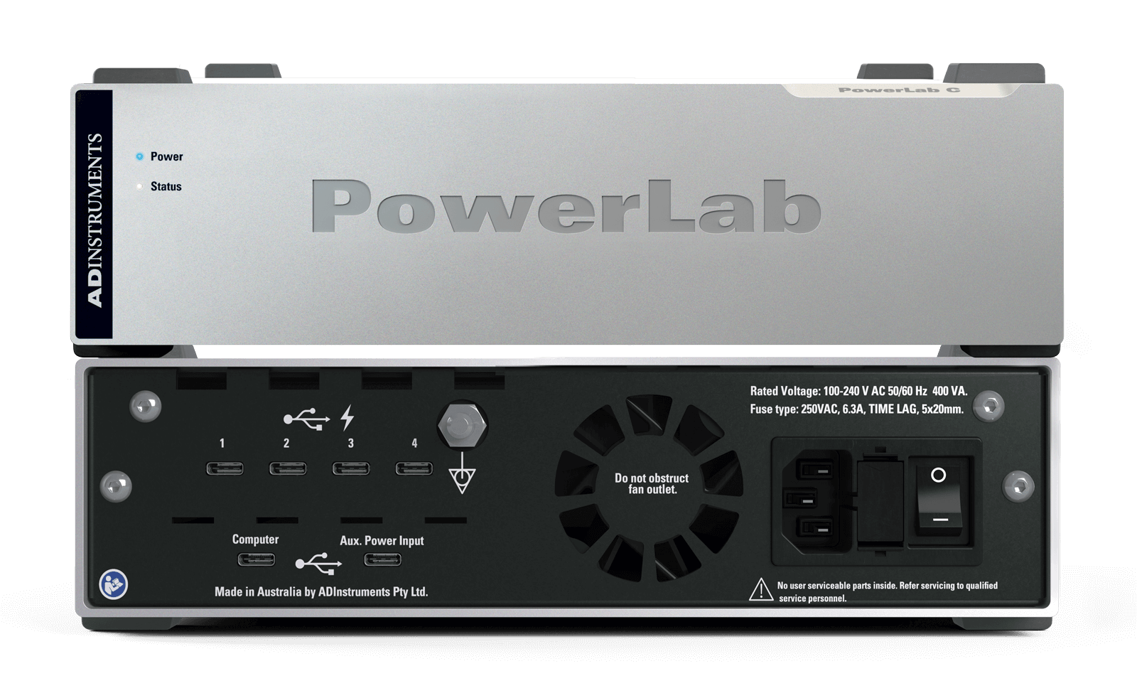 PowerLab C data acquisition system front and back