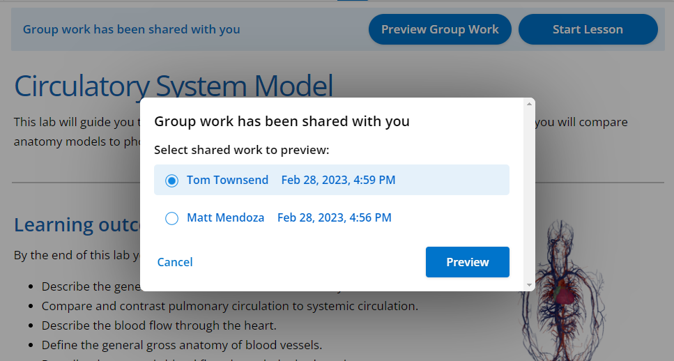 A popup allows students to choose between work that has been shared with them, showing who shared it and when.