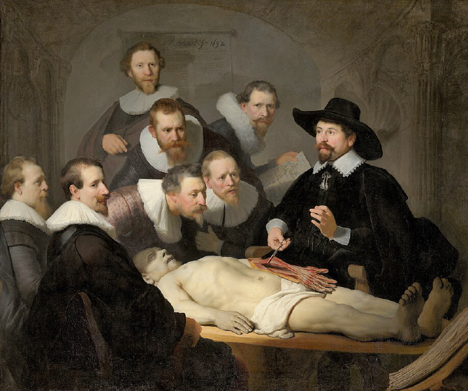 A cropped image of a painting by Rembrandt called "The Anatomy Lesson of Nicolaes Tulp". The painting shows a cadaver on a table, with one man dissecting the body and instructing a group of other men.